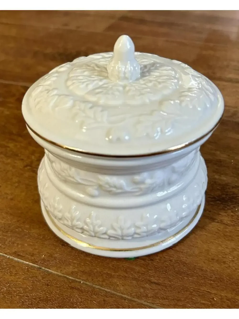 Vintage White Ceramic Decorative Covered Jar with Gold Trim